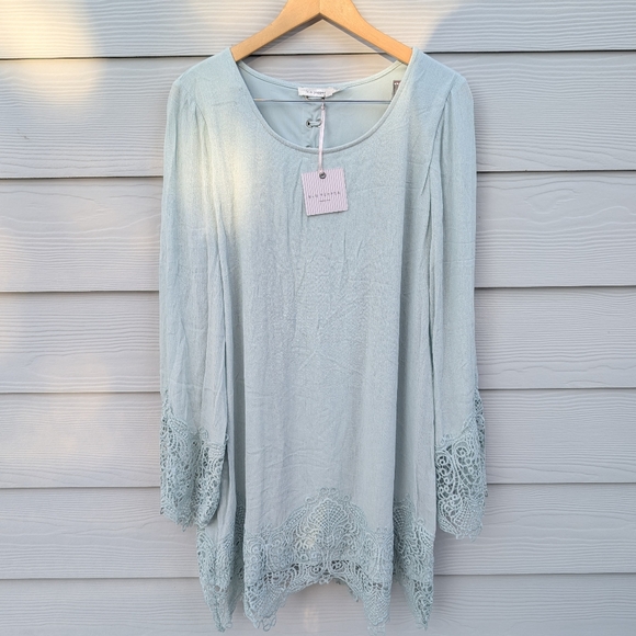 Blu Pepper Dress NWT Crochet Long Sleeve Mint Boho Size L Lace-Up Back - Picture 1 of 6